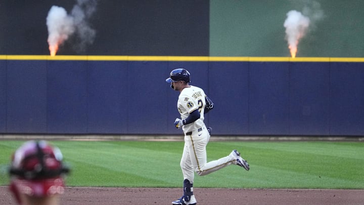 Sep 1, 2025; Milwaukee, Wisconsin, USA; Milwaukee Brewers second base Brice Turang (2) rounds the bases after hitting a home run against the Philadelphia Phillies in the first inning at American Family Field. Mandatory Credit: Michael McLoone-Imagn Images