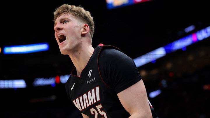 Mar 12, 2026; Miami, Florida, USA; Miami Heat guard Kasparas Jakucionis (25) reacts against the Milwaukee Bucks during the third quarter at Kaseya Center. Mandatory Credit: Sam Navarro-Imagn Images Mar 12, 2026; Miami, Florida, USA; Miami Heat guard Kasparas Jakucionis (25) reacts against the Milwaukee Bucks during the third quarter at Kaseya Center. Mandatory Credit: Sam Navarro-Imagn Images