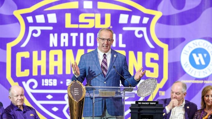 Jan 18, 2020; Baton Rouge, Louisiana, USA; Southeastern Conference Commissioner Greg Sankey presents