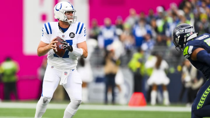 Dec 14, 2025; Seattle, Washington, USA; Indianapolis Colts quarterback Philip Rivers (17) passes against the Seattle Seahawks during the first quarter at Lumen Field. Mandatory Credit: Steven Bisig-Imagn Images Dec 14, 2025; Seattle, Washington, USA; Indianapolis Colts quarterback Philip Rivers (17) passes against the Seattle Seahawks during the first quarter at Lumen Field. Mandatory Credit: Steven Bisig-Imagn Images