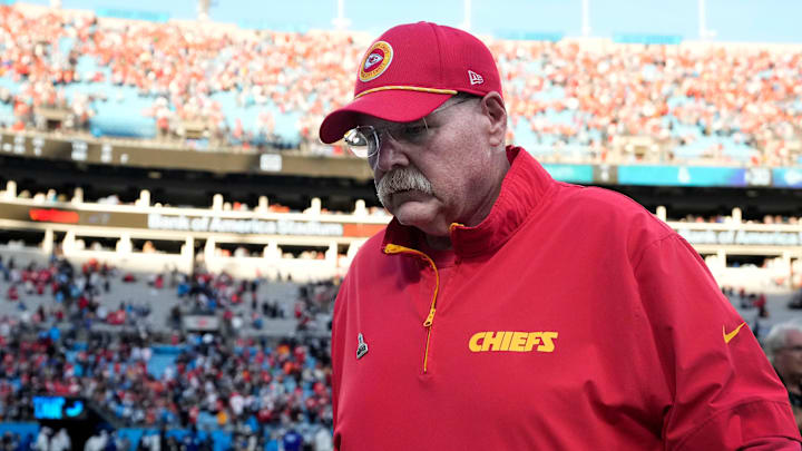 Nov 24, 2024; Charlotte, North Carolina, USA; Kansas City Chiefs head coach Andy Reid walks off the field after the game at Bank of America Stadium. Mandatory Credit: Bob Donnan-Imagn Images