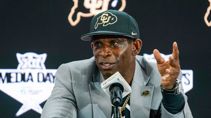 Jul 9, 2025; Frisco, TX, USA; Colorado head coach Deion Sanders speaks with the media during 2025 Big 12 Football Media Days at The Star. Jul 9, 2025; Frisco, TX, USA; Colorado head coach Deion Sanders speaks with the media during 2025 Big 12 Football Media Days at The Star.