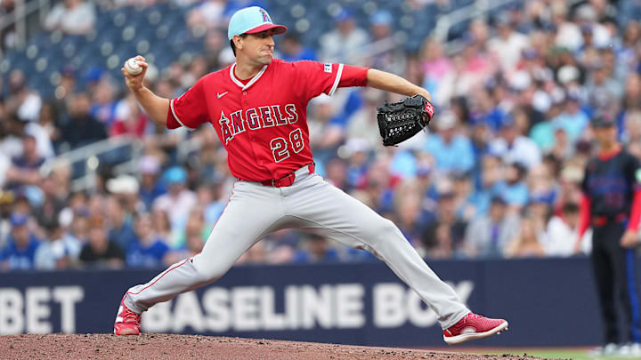 Jul 4, 2025; Toronto, Ontario, CAN; Los Angeles Angels starting pitcher Kyle Hendricks (28) throws a pitch against the Toronto Blue Jays during the first inning at Rogers Centre. Mandatory Credit: Nick Turchiaro-Imagn Images