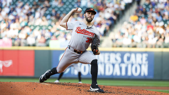Jul 2, 2024; Seattle, Washington, USA; Baltimore Orioles starting pitcher Grayson Rodriguez (30) throws against the Seattle Mariners during the fifth inning at T-Mobile Park. Mandatory Credit: Joe Nicholson-Imagn Images