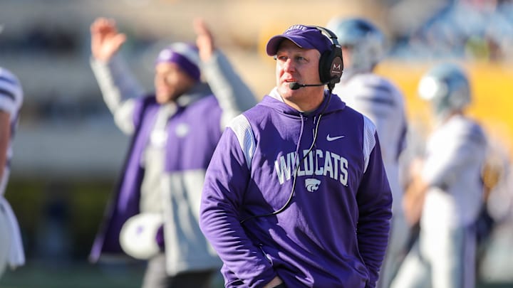Nov 19, 2022; Morgantown, West Virginia, USA; Kansas State Wildcats head coach Chris Klieman watches the scoreboard against the West Virginia Mountaineers.