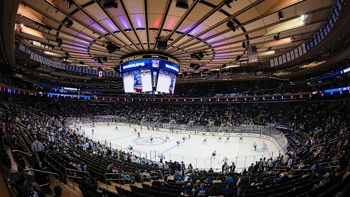 Mar 22, 2025; New York, New York, USA; A general view of Madison Square Garden during warmups before a game between the New York Rangers and Vancouver Canucks. Mandatory Credit: Danny Wild-Imagn Images Mar 22, 2025; New York, New York, USA; A general view of Madison Square Garden during warmups before a game between the New York Rangers and Vancouver Canucks. Mandatory Credit: Danny Wild-Imagn Images