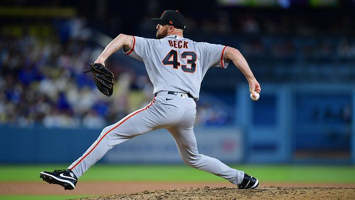 May 13, 2026; Los Angeles, California, USA; San Francisco Giants pitcher Tristan Beck (43) delivers a pitch in the eighth inning against the Los Angeles Dodgers at Dodger Stadium. Mandatory Credit: Gary A. Vasquez-Imagn Images