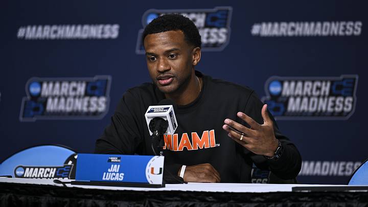 Mar 19, 2026; St. Louis, MO, USA; Miami (FL) Hurricanes head coach Jai Lucas talks to the media during a practice session ahead of the first round of the men's 2026 NCAA Tournament at Enterprise Center. Mandatory Credit: Jeff Le-Imagn Images