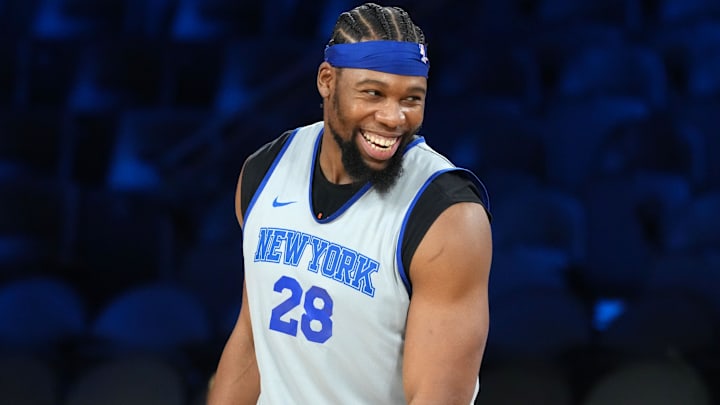 Dec 12, 2025; Las Vegas, NV, USA; New York Knicks forward Guerschon Yabusele (28) reacts during practice prior to the Emirates Cup semifinals at T-Mobile Arena. Mandatory Credit: Kirby Lee-Imagn Images