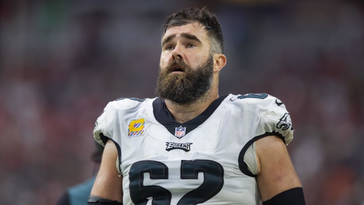 Oct 9, 2022; Glendale, Arizona, USA; Philadelphia Eagles center Jason Kelce (62) against the Arizona Cardinals at State Farm Stadium. Mandatory Credit: Mark J. Rebilas-USA TODAY Sports