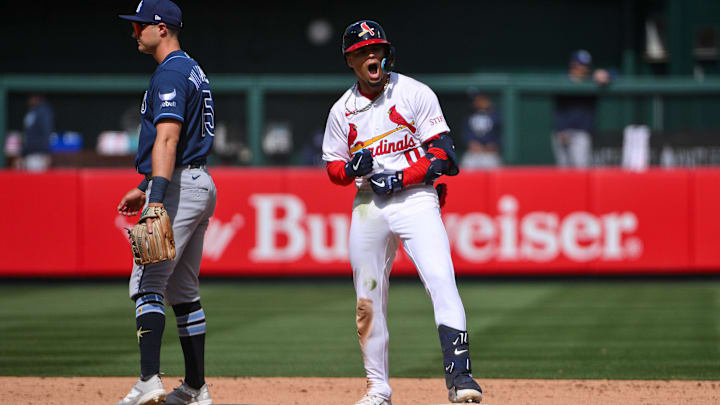 Mar 29, 2026; St. Louis, Missouri, USA; St. Louis Cardinals shortstop Masyn Winn (0) reacts after hitting a double against the Tampa Bay Rays sixth inning at Busch Stadium. Mandatory Credit: Jeff Curry-Imagn Images