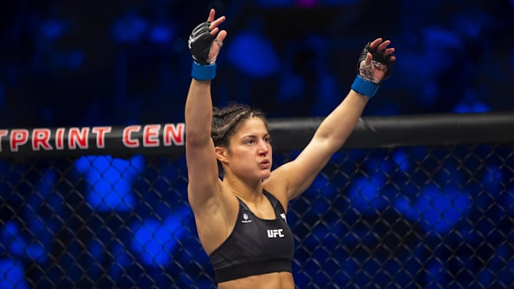 May 7, 2022; Phoenix, Arizona, USA; Lupita Godinez reacts during UFC 274 at Footprint Center.