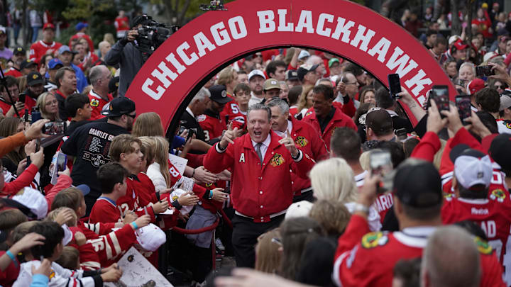 Oct 11, 2025; Chicago, Illinois, USA; Former Chicago Blackhawks player Jeremy Roenick walks the red carpet before a game against the Montréal Canadiens at United Center. Mandatory Credit: David Banks-Imagn Images