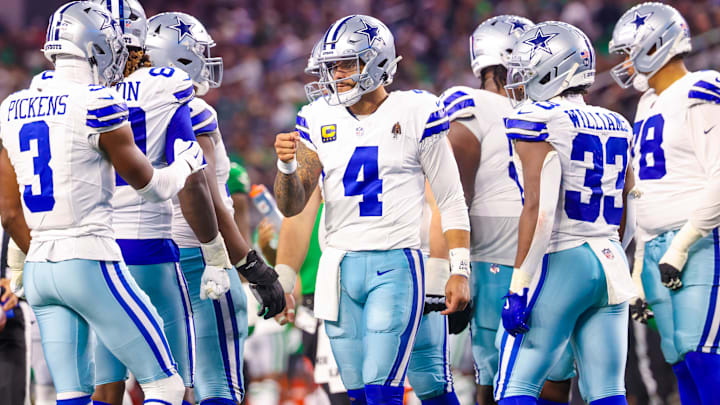 Dallas Cowboys QB Dak Prescott greets Dallas Cowboys WR George Pickens during the game against the Philadelphia Eagles.