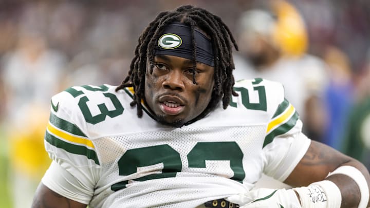 Green Bay Packers running back Emanuel Wilson (23) against the Arizona Cardinals at State Farm Stadium. 