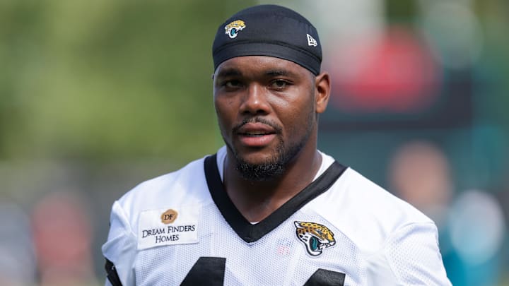Jul 24, 2025; Jacksonville, FL, USA; Jacksonville Jaguars defensive end Travon Walker (44) participates in training camp at Miller Electric Center. Mandatory Credit: Nathan Ray Seebeck-Imagn Images Jul 24, 2025; Jacksonville, FL, USA; Jacksonville Jaguars defensive end Travon Walker (44) participates in training camp at Miller Electric Center. Mandatory Credit: Nathan Ray Seebeck-Imagn Images