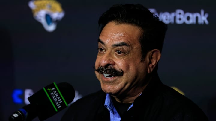 Jacksonville Jaguars owner Shad Khan fields questions after introducing Liam Coen as the new head coach during a press conference Monday, Jan. 27, 2025 at the Miller Electric Center in Jacksonville, Fla. [Corey Perrine/Florida Times-Union]