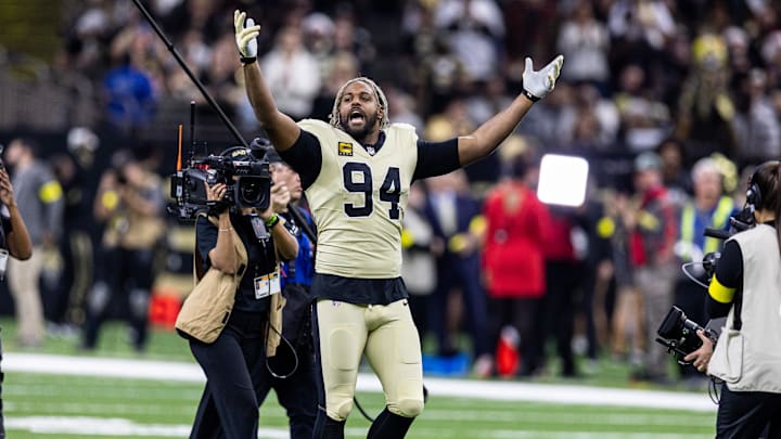 Dec 21, 2025; New Orleans, Louisiana, USA;  New Orleans Saints defensive end Cameron Jordan (94) during the run outs before the game against the New York Jets at Caesars Superdome. Mandatory Credit: Stephen Lew-Imagn Images