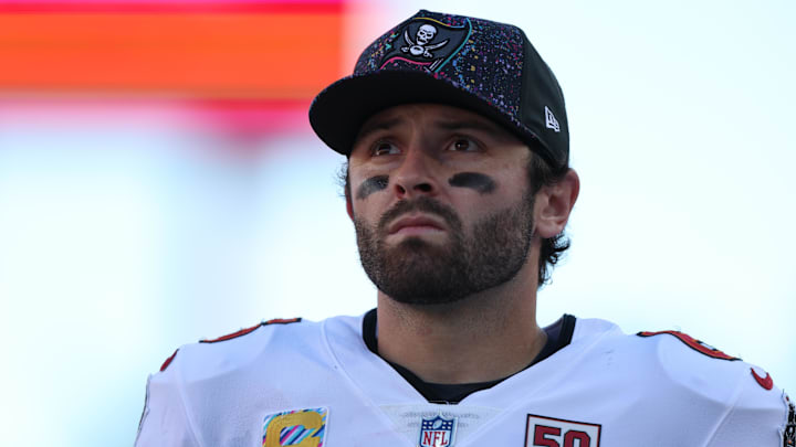 Tampa Bay Buccaneers quarterback Baker Mayfield (6) stands on the field during the second quarter against the San Francisco 49ers at Raymond James Stadium.