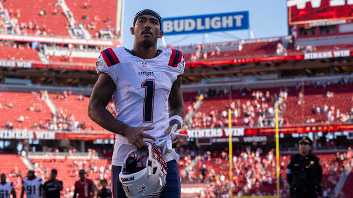 Sep 29, 2024; Santa Clara, California, USA; New England Patriots wide receiver Ja'Lynn Polk (1) leaves the field after the game against the San Francisco 49ers at Levi's Stadium.