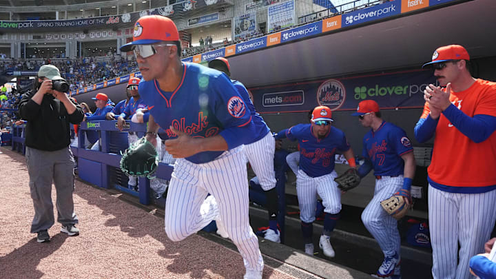 Port St. Lucie, Florida, USA; New York Mets outfielder Juan Soto (22) takes the field to start the game against the Houston Astros at Clover Park.