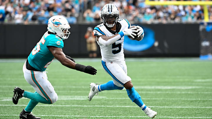 Carolina Panthers running back Rico Dowdle with the ball as Miami Dolphins linebacker Tyrel Dodson. Carolina Panthers running back Rico Dowdle with the ball as Miami Dolphins linebacker Tyrel Dodson.