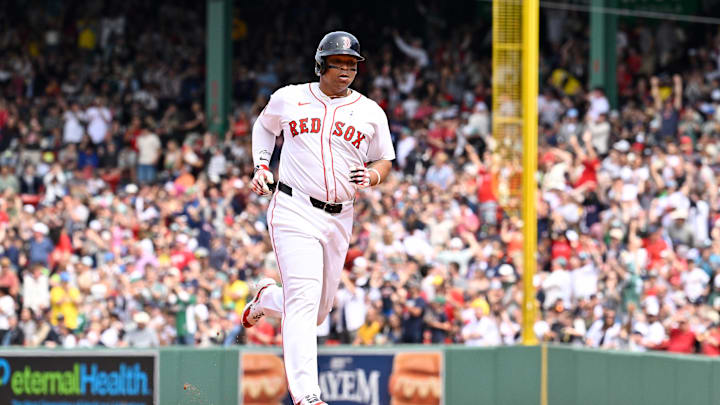 Jun 15, 2025; Boston, Massachusetts, USA; Boston Red Sox designated hitter Rafael Devers (11) runs the bases after hitting a one run home run against the New York Yankees during the fifth inning at Fenway Park. Mandatory Credit: Eric Canha-Imagn Images