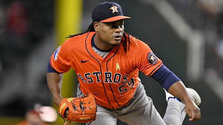 Sep 7, 2025; Arlington, Texas, USA; Houston Astros starting pitcher Framber Valdez (59) pitches against the Texas Rangers during the first inning at Globe Life Field. Mandatory Credit: Jerome Miron-Imagn Images Sep 7, 2025; Arlington, Texas, USA; Houston Astros starting pitcher Framber Valdez (59) pitches against the Texas Rangers during the first inning at Globe Life Field. Mandatory Credit: Jerome Miron-Imagn Images