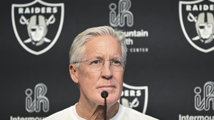 Apr 25, 2025; Henderson, NV, USA; Las Vegas Raiders head coach Pete Carroll at a news conference introducing Ashton Jeanty as the first round draft pick in the 2025 NFL Draft at Intermountain Health Performance Center. Mandatory Credit: Candice Ward-Imagn Images Apr 25, 2025; Henderson, NV, USA; Las Vegas Raiders head coach Pete Carroll at a news conference introducing Ashton Jeanty as the first round draft pick in the 2025 NFL Draft at Intermountain Health Performance Center. Mandatory Credit: Candice Ward-Imagn Images