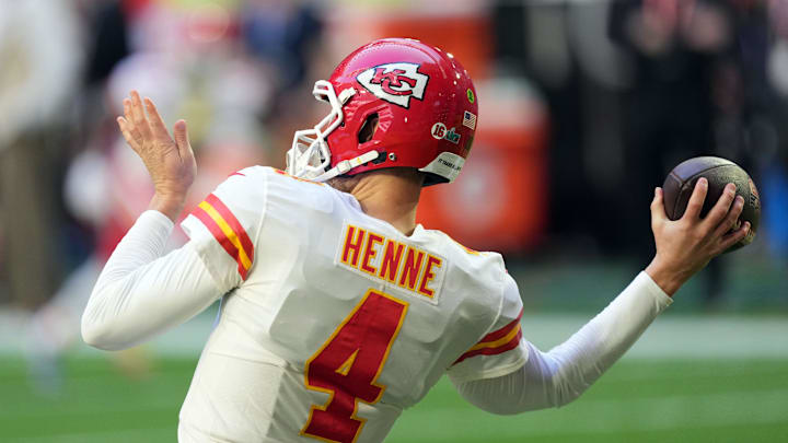 Feb 12, 2023; Glendale, Arizona, US; Kansas City Chiefs quarterback Chad Henne (4) warms up before
