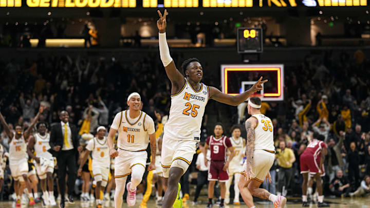 Missouri Tigers forward Mark Mitchell celebrates after a buzzer beater to defeat the Oklahoma Sooners.