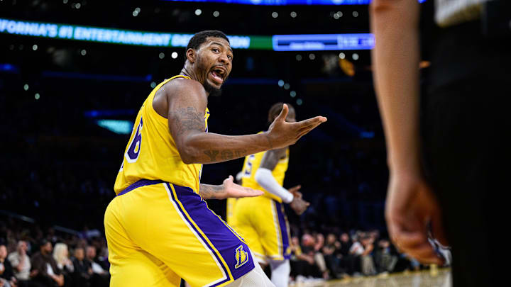 Oct 17, 2025; Los Angeles, California, USA; Los Angeles Lakers guard Marcus Smart (36) reacts during the second half against the Sacramento Kings at Crypto.com Arena. Mandatory Credit: William Liang-Imagn Images Oct 17, 2025; Los Angeles, California, USA; Los Angeles Lakers guard Marcus Smart (36) reacts during the second half against the Sacramento Kings at Crypto.com Arena. Mandatory Credit: William Liang-Imagn Images