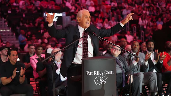 Oct 23, 2024; Miami, Florida, USA; Miami Heat president Pat Riley addresses the crowd during the Pat Riley Court dedication ceremony at halftime at Kaseya Center. Mandatory Credit: Jim Rassol-Imagn Images Oct 23, 2024; Miami, Florida, USA; Miami Heat president Pat Riley addresses the crowd during the Pat Riley Court dedication ceremony at halftime at Kaseya Center. Mandatory Credit: Jim Rassol-Imagn Images