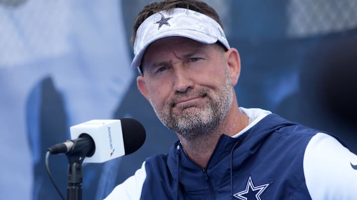 Dallas Cowboys coach Brian Schottenheimer during training camp press conference at the River Ridge Fields.