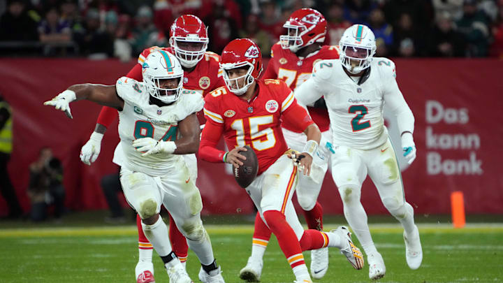 Nov 5, 2023; Frankfurt, Germany; Kansas City Chiefs quarterback Patrick Mahomes (15) carries the