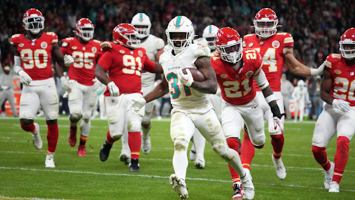 Nov 5, 2023; Frankfurt, Germany; Miami Dolphins running back Raheem Mostert (31) carries the ball on