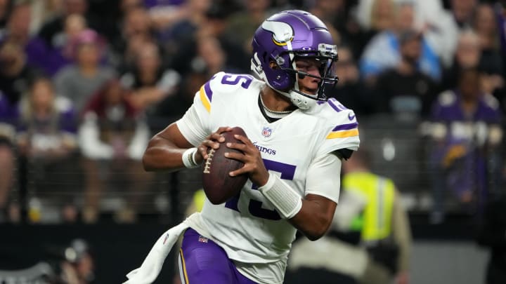 Dec 10, 2023; Paradise, Nevada, USA; Minnesota Vikings quarterback Joshua Dobbs (15) throws the ball against the Las Vegas Raiders in the first half at Allegiant Stadium. Mandatory Credit: Kirby Lee-USA TODAY Sports Dec 10, 2023; Paradise, Nevada, USA; Minnesota Vikings quarterback Joshua Dobbs (15) throws the ball against the Las Vegas Raiders in the first half at Allegiant Stadium. Mandatory Credit: Kirby Lee-USA TODAY Sports