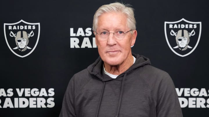 Feb 25, 2025; Indianapolis, IN, USA; Las Vegas Raiders coach Pete Carroll on radio row during the NFL Scouting Combine at the Indiana Convention Center. Mandatory Credit: Kirby Lee-Imagn Images Feb 25, 2025; Indianapolis, IN, USA; Las Vegas Raiders coach Pete Carroll on radio row during the NFL Scouting Combine at the Indiana Convention Center. Mandatory Credit: Kirby Lee-Imagn Images