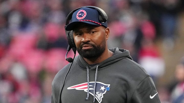 Oct 20, 2024; London, United Kingdom; New England Patriots coach Jerod Mayo watches from the sidelines against the New England Patriots in the second half of an NFL International Series game at Wembley Stadium.