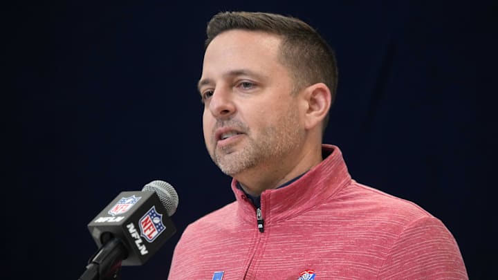 Feb 27, 2025; Indianapolis, IN, USA; New England Patriots general manager Eliot Wolf speaks during the 2025 NFL Scouting Combine at the Indiana Convention Center. Mandatory Credit: Kirby Lee-Imagn Images