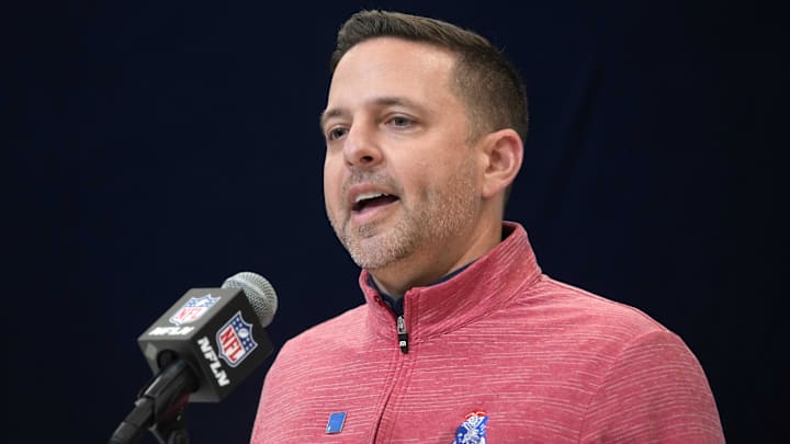 Feb 27, 2025; Indianapolis, IN, USA; New England Patriots general manager Eliot Wolf speaks during the 2025 NFL Scouting Combine at the Indiana Convention Center. Mandatory Credit: Kirby Lee-Imagn Images
