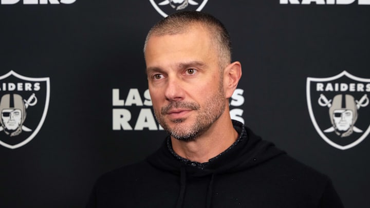 Feb 25, 2025; Indianapolis, IN, USA; Las Vegas Raiders general manager John Spytek on radio row during the NFL Scouting Combine at the Indiana Convention Center. Mandatory Credit: Kirby Lee-Imagn Images