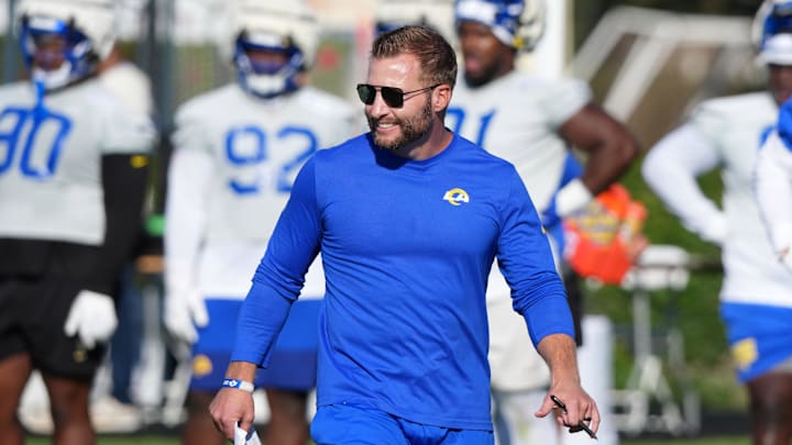 Jul 23, 2025; Los Angeles, CA, USA; Los Angeles Rams coach Sean McVay during training camp at Loyola Marymount University. Mandatory Credit: Kirby Lee-Imagn Images Jul 23, 2025; Los Angeles, CA, USA; Los Angeles Rams coach Sean McVay during training camp at Loyola Marymount University. Mandatory Credit: Kirby Lee-Imagn Images