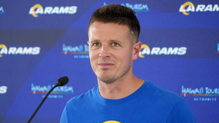 Jun 3, 2025; Woodland Hills, CA, USA; Los Angeles Rams offensive coordinator Mike LaFleur at press conference during organized team activities at Rams Practice Facility. Mandatory Credit: Kirby Lee-Imagn Images