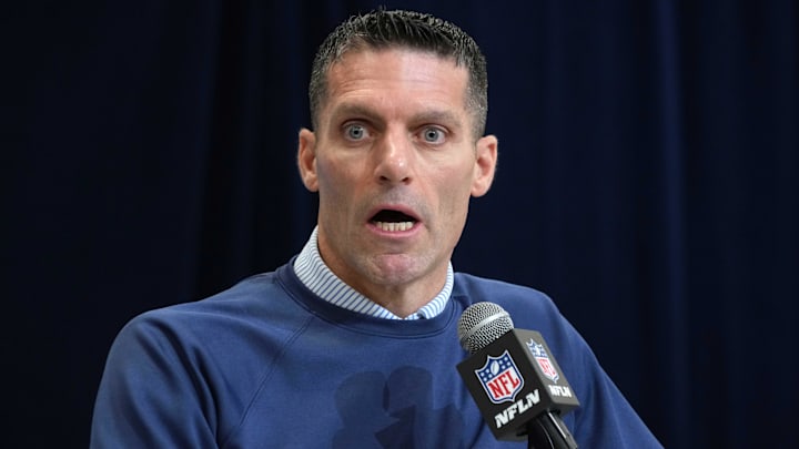 Feb 27, 2025; Indianapolis, IN, USA; Houston Texans general manager Nick Caserio speaks during the 2025 NFL Scouting Combine at the Indiana Convention Center. Mandatory Credit: Kirby Lee-Imagn Images