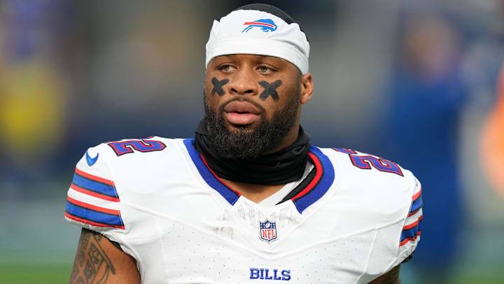 Buffalo Bills running back Ray Davis (22) looks on during the game against the Los Angeles Rams at SoFi Stadium. Mandatory Credit: Kirby Lee-Imagn Images