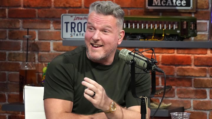 Pat McAfee on the Pat McAfee Show set on Radio Row at the Super Bowl LIX media center.