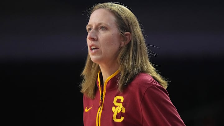 Dec 10, 2024; Los Angeles, California, USA; Southern California Trojans head coach Lindsay Gottlieb reacts in the first half against the Fresno State Bulldogs at Galen Center. USC defeated Fresno State 89-40. Mandatory Credit: Kirby Lee-Imagn Images