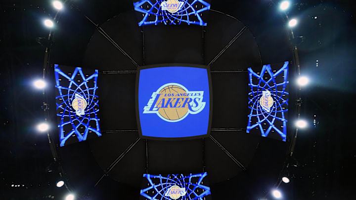 Mar 17, 2025; Los Angeles, California, USA; The Los Angeles Lakers logo on the Crypto.com Arena video board. Mandatory Credit: Kirby Lee-Imagn Images