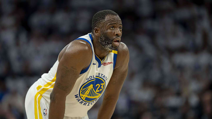 May 8, 2025; Minneapolis, Minnesota, USA; Golden State Warriors forward Draymond Green (23) looks on against the Minnesota Timberwolves in the second half during game two of the second round for the 2025 NBA Playoffs at Target Center. Mandatory Credit: Jesse Johnson-Imagn Images
